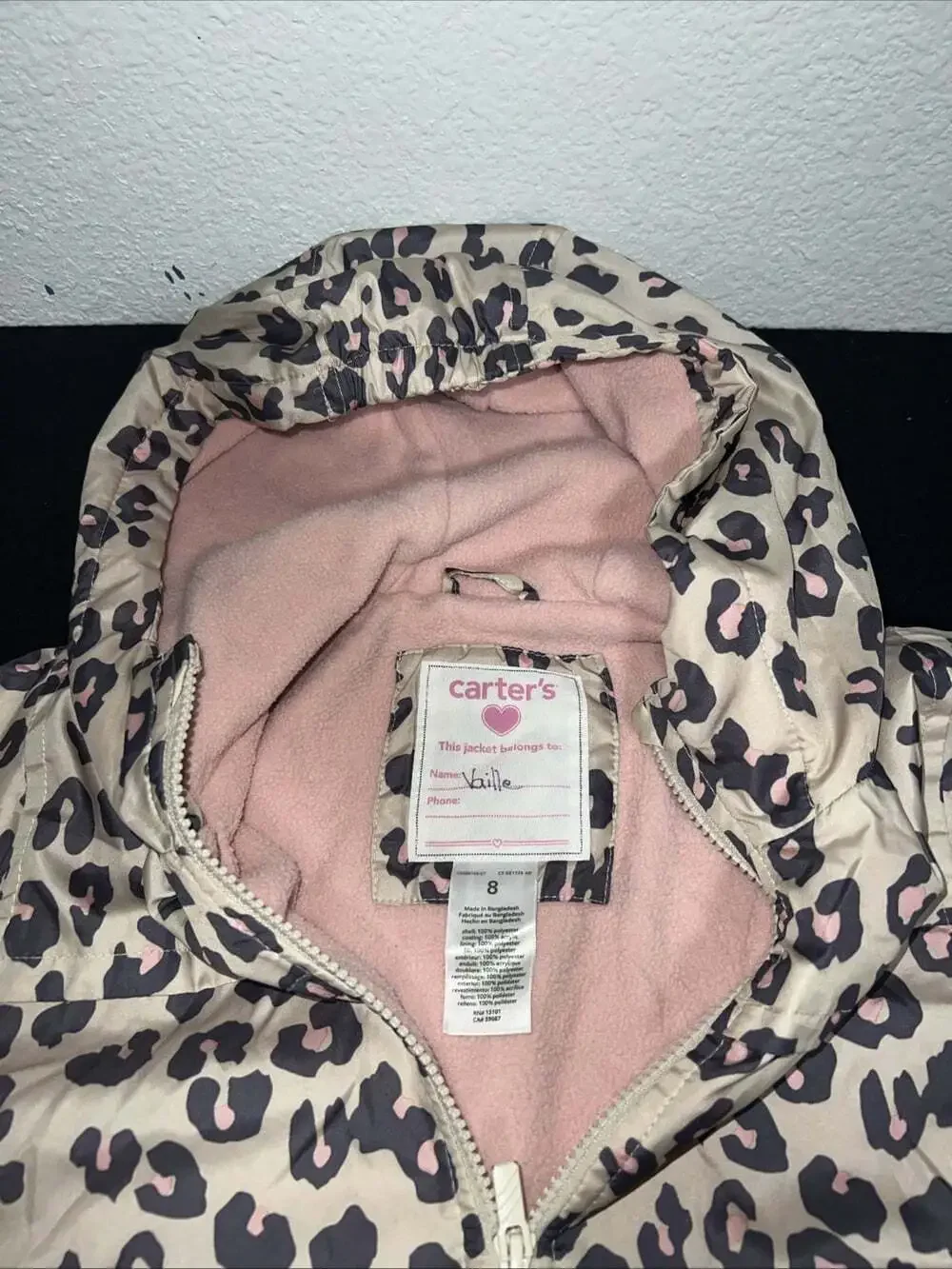 Carter's Girl's Size 8 Fleece Lined Coat Hooded, Zip Up Leopard Print Pink